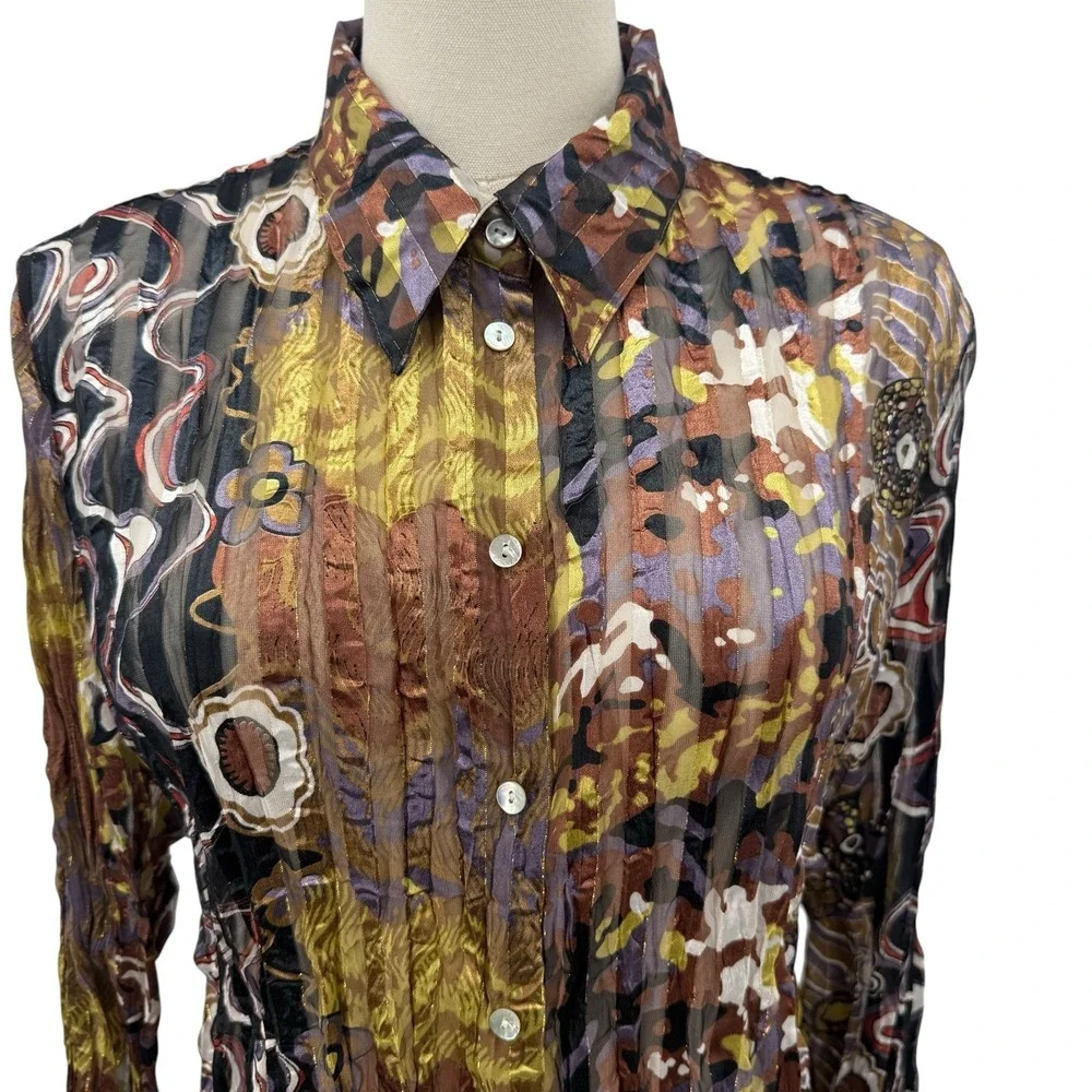 Belissimo New York XL Sheer Crinkle Blouse Metallic Abstract Print NWT‎ Top Boho
